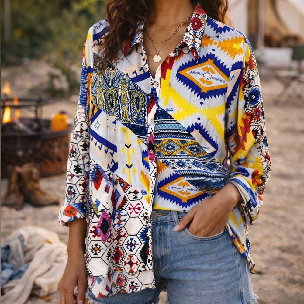 Calessa Southwestern Aztec Mixed Print Button Down Long Sleeve Blouse Top Medium